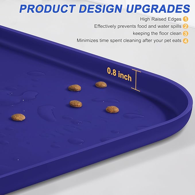 Silicone Pet Feeding Mat with Raised Edge for Food and Water, Dog Bowl Mats, Cat Bowls Placemat with High Lip for Floor Waterproof, Rubber Tray for Cats and Dogs 24 x 16 x0.8 Navy Blue