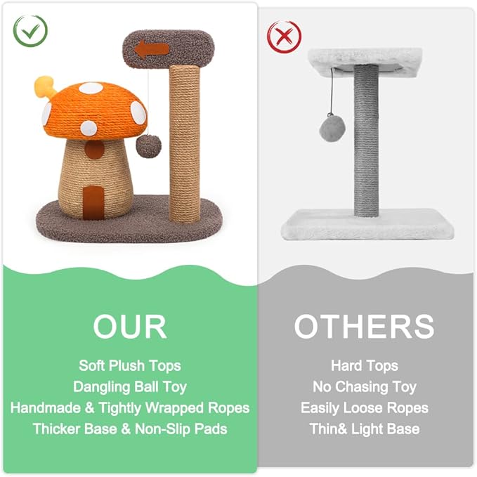 RAIN QUEEN Mushroom Cat Scratcher Post, Mushroom Cat Tree & Cat Toys, Scratching Posts for Indoor Cats with Natural Sisal Rope Cat Tower to Satisfy Cats’ Claw Instincts, for Kittens Or Smaller Catcat