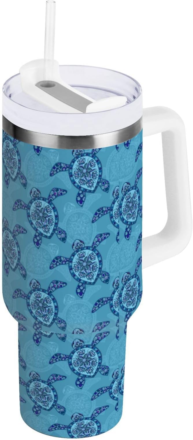 Boccsty Cute Blue Turtles Insulated Tumblers Ocean Sea Animal Reusable Stainless Steel Tumbler 40 oz Cup Coffee Travel Mug Water Bottle with Handle & Flip Straw for Home Office Car