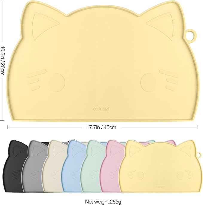 Coomazy Cat Food Mat, Thicker Dog Feeding Mat for Food and Water, Waterproof Non-Slip Silicone Mat for Floor, Dog Food Mat with Raised Edge to Prevent Food Spills and Water Runoff (Yellow, Medium)