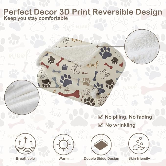 Sleepwish Dog Paws and Bones Print Fleece Throw Blanket for Kids Soft Plush Light Yellow Sherpa Blanket for Couch Chair Bed, Queen (90" X 90")
