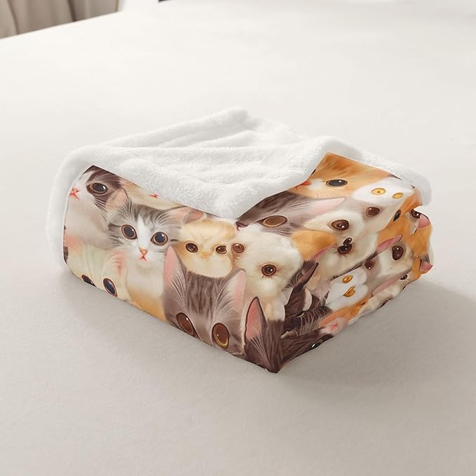 Cat Throw Blanket Kids Girls Cute Kitten Cats Print Warm Fuzzy Blanket for Bed Sofa Kawaii Lovely 3D Animal Fleece Sherpa Blanket Soft Animal Cat Collection Flannel Blanket Room Decor Throw 50"x60"