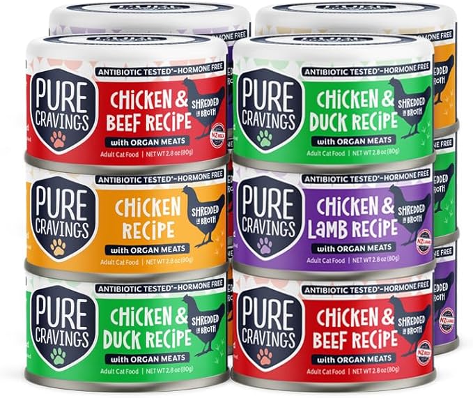 in Chicken Recipe in Broth, Shredded Wet Cat Food, Grain-Free Protein, Non-GMO, Variety Pack of 12-3X Chicken, 3X Lamb, 3X Duck, 3X Beef