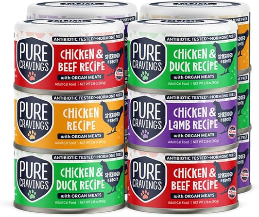 in Chicken Recipe in Broth, Shredded Wet Cat Food, Grain-Free Protein, Non-GMO, Variety Pack of 12-3X Chicken, 3X Lamb, 3X Duck, 3X Beef