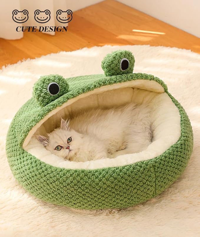 Cute Frog Hooded Cat Bed with Non-Slip Bottom, Covered Round Fluffy Frogs Cave Green, Semi-Closed Pet Mat for Cats and Small Dogs