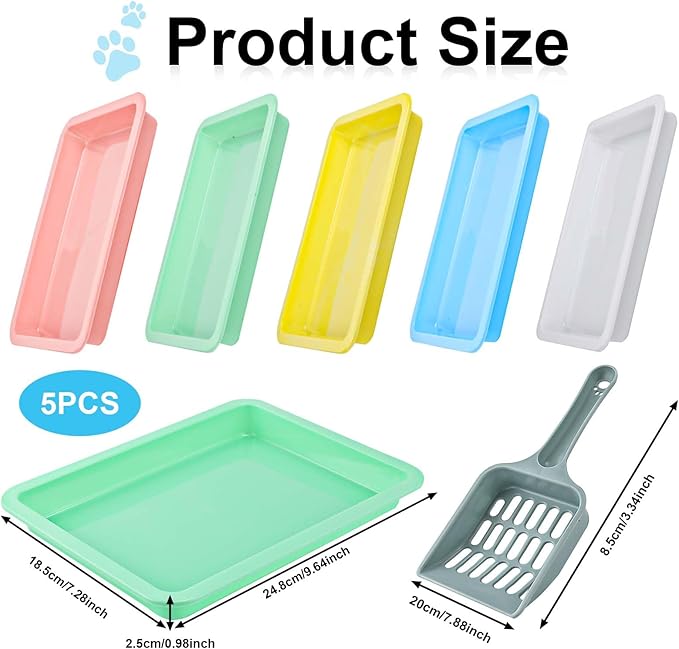 5pcs Kitten Litter Box, 9.65x7.28x0.98 inch Small Cat Litter Box with Litter Spatula Shallow Litter Pan Plastic Litter Tray Portable Cat Waste Tray Kitten Boxes for Indoor Cats Low Entry (5 Colors)