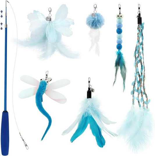 SONGWAY Cat Wand Toys for Indoor Cats - Cat Feather Toys with Retractable Cat Stick and 6 PCS Fairy Cat Teaser Toy Refills, Butterfly Tassel Plush Cat Toys Interactive, Blue