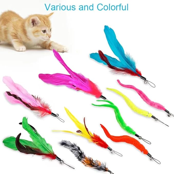 Cat Toys Feather Toy, 2PCS Retractable Wand and 10PCS Replacement Teaser with Bell Refills, Interactive Catcher and Funny Exercise for Kitten.