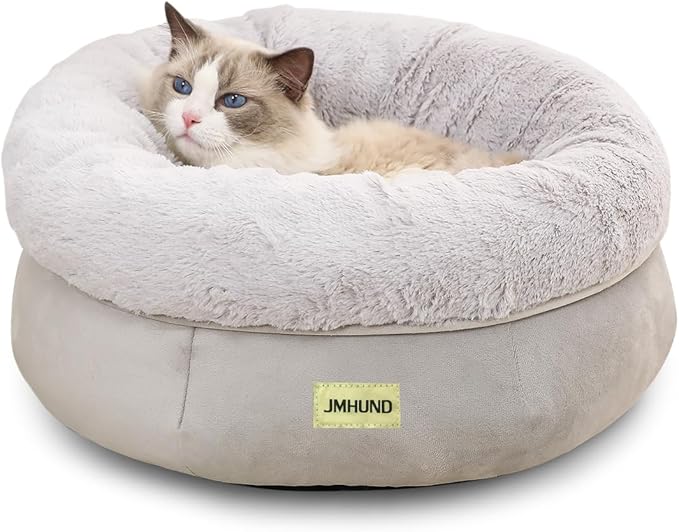 Cat Bed for Indoor Cats,Round Cat Bed for Small Pets,Washable Pet Bed with Non-Skid Bottom,Pet Bed for Puppy and Kitty,19 Inches,Grey