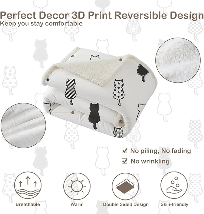 Sleepwish Black White Cat Sherpa Blanket Polka Dot Star Paw Prints Fleece Throw Blanket for Kids Girls Napping Blanket for Cat Lovers, King(108"x90")