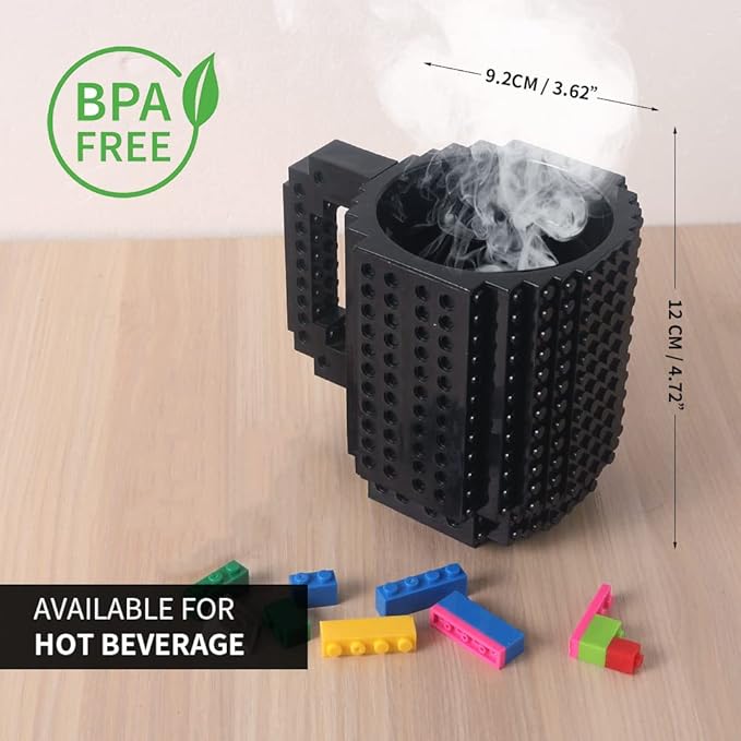 Build-on Brick Coffee Mug, Funny DIY Novelty Cup with Building Blocks Creative for Kids Men Women Xmas Birthday (Cool Black)
