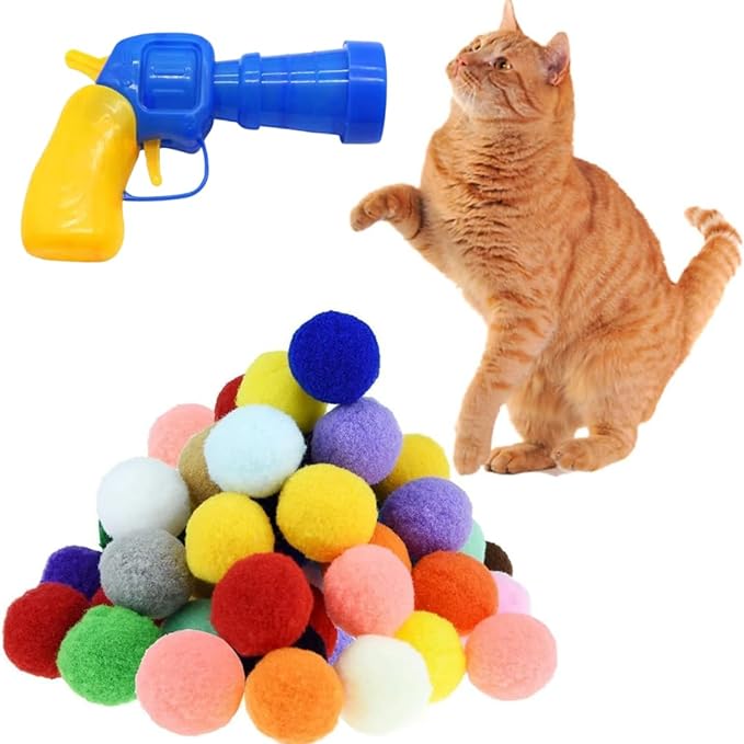 31 Pcs Cat Toy Ball Launcher Gun,Cat Fetch Toy Gun Shooter, Plush Ball Shooting Gun with 30Pcs Pom Pom Balls, Funny & Fuzzy Toys Interactive for Indoor Cats (3.0 CM with Ball Gun)