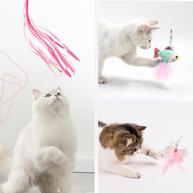 SONGWAY Cat Wand Toys for Indoor Cats - Cat Feather Toys with Retractable Cat Stick and 6 PCS Fairy Cat Teaser Toy Refills, Butterfly Tassel Plush Cat Toys Interactive, Pink