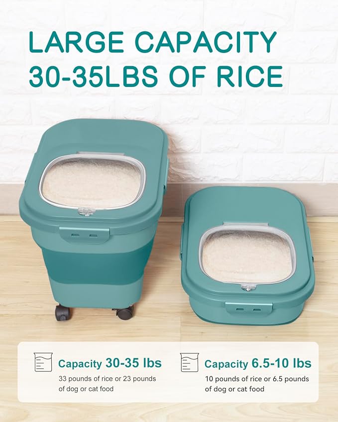 20-30 Lbs Rice Storage Container,Collapsible Food Storage Containers with Rolling Wheel Airtight Locking Lid,Flour Storage Container with Cup and Scoop,Suitable for Food,Rice,Pet Food,Flour