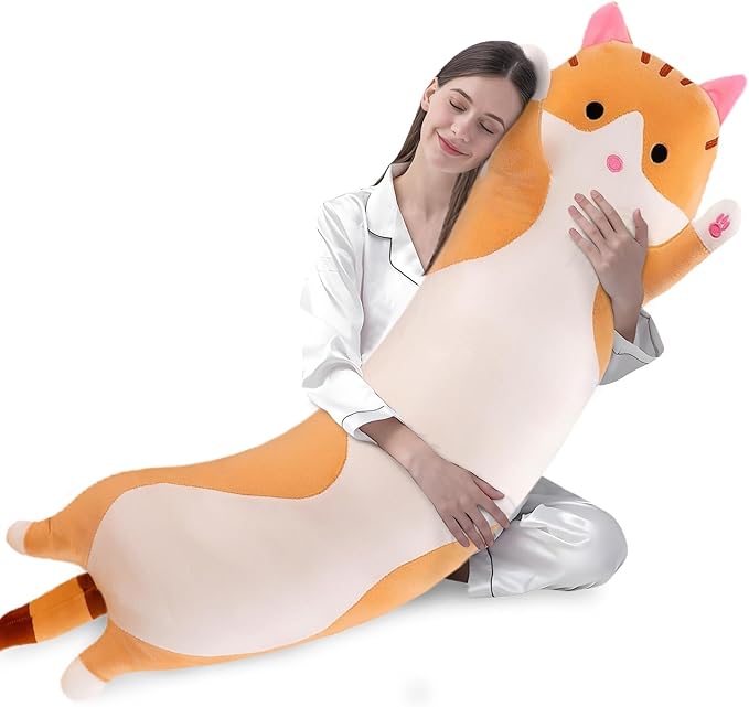 shangman Lovely Plush Cat Doll Cute Cartoon Soft Stuffed Kitten Pillow Long Throw Sleeping Pillow Doll Toy Gift for Kids Girlfriend Multiple Size (Brown,150cm/59in)