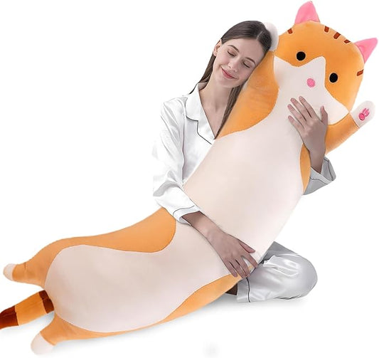 shangman Lovely Plush Cat Doll Cute Cartoon Soft Stuffed Kitten Pillow Long Throw Sleeping Pillow Doll Toy Gift for Kids Girlfriend Multiple Size (Brown,150cm/59in)