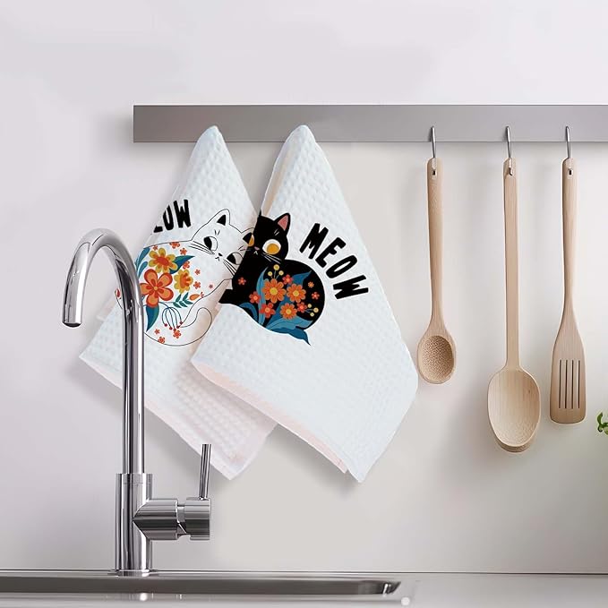 Cute Cat Kitchen Dish Towels Set of 2 Black and White Cat Kitchen Accessories Cat Lover Gifts for Women Cute Boho Towels Decorative Set for Kitchen & Bathroom 16×24 Inch