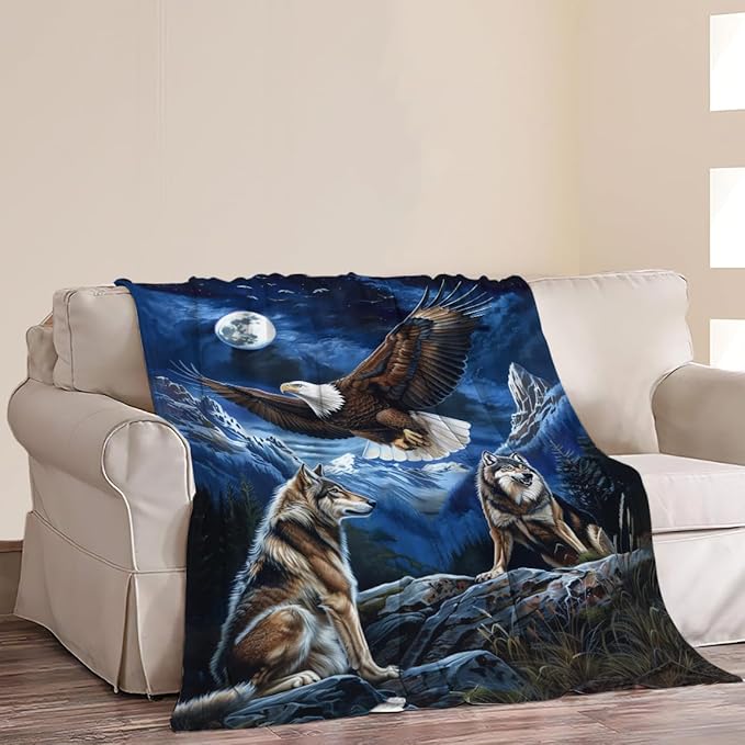 Bald Eagle Wolf Throw Blanket Wild Animal Mountain Moon Night Wolves Print Blankets Gifts Couch Sofa Bed Stuff Decor Soft Cozy Lightweight Fleece Plush Flannel Bedding for Lover Men Women 50"x60"