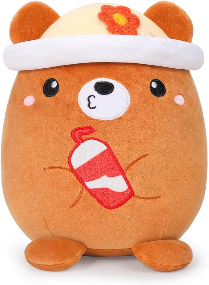 AIXINI Cute Brown Bear Plush Pillow 8" Stuffed Animal, Soft Kawaii Bear Plushie with Hat Outfit Costume Gift