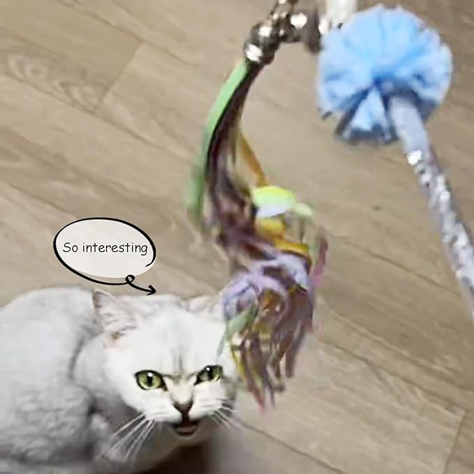Cat Wands, 3 PCS Interactive Cat Toys with Rainbow Tassel Handcrafted Cat Tinsel Wand for Indoor Cats Kitten Play Chase Exercise