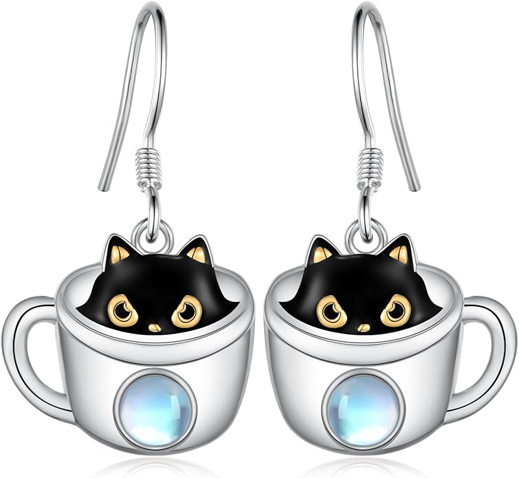 Black Cat Earrings 925 Sterling Silver Mushroom Cat/Black Cat/Panda/Sloth/Capybara/Boston Terrier/Shih Tzu Dangle Earrings Cute Animal Drop Earrings Jewelry Gifts for Women