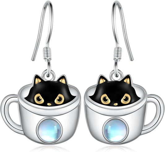 Black Cat Earrings 925 Sterling Silver Mushroom Cat/Black Cat/Panda/Sloth/Capybara/Boston Terrier/Shih Tzu Dangle Earrings Cute Animal Drop Earrings Jewelry Gifts for Women