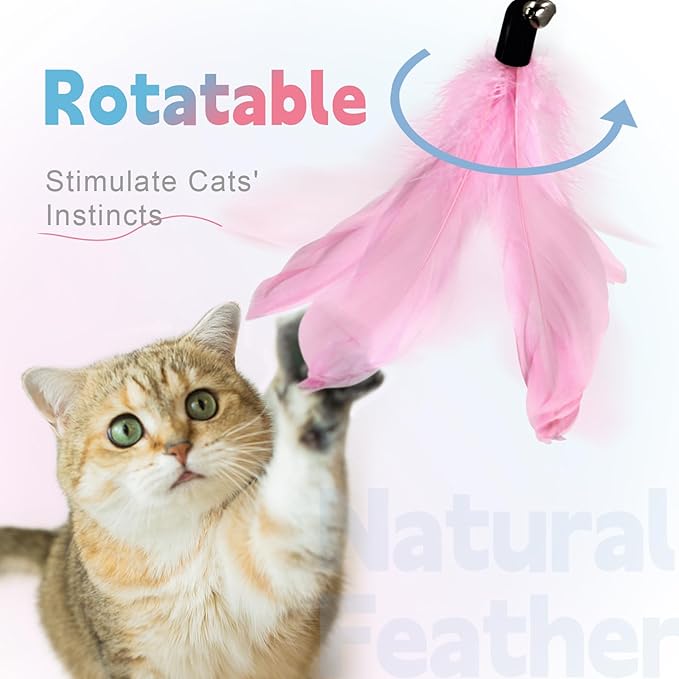 SONGWAY Cat Wand Toys for Indoor Cats - Cat Feather Toys with Retractable Cat Stick and 6 PCS Fairy Cat Teaser Toy Refills, Butterfly Tassel Plush Cat Toys Interactive, Pink