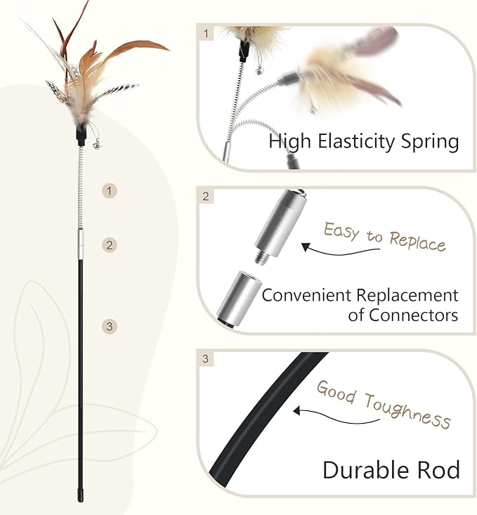 SONGWAY Cat Feather Wand Toy - Cat Teaser Toy Wand with 4 Pcs Flexible Spring Cat Feather Refillls, Interactive Cat Feather Toys for Indoor Cat and Kitten