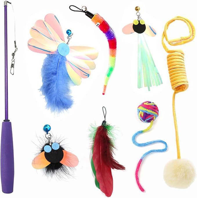 Cat Toy 8 Pcs Feather Teaser Wand Toy Cat Fishing Pole Toy Cat Toys for Indoor Cats Cats Including Cat Balls Spring Hair Balls