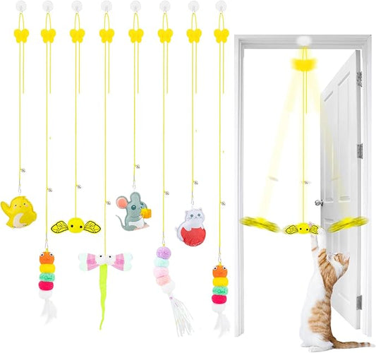 8 PCS Cat Feather Toys Cat Toys Hanging, Interactive Hanging Cat Toy Door Cat Teaser Retractable Door Frame Cat Hunting Toy, Cat Mouse Toy Hanging String Toys for Indoor Kitten Self Play Exercise