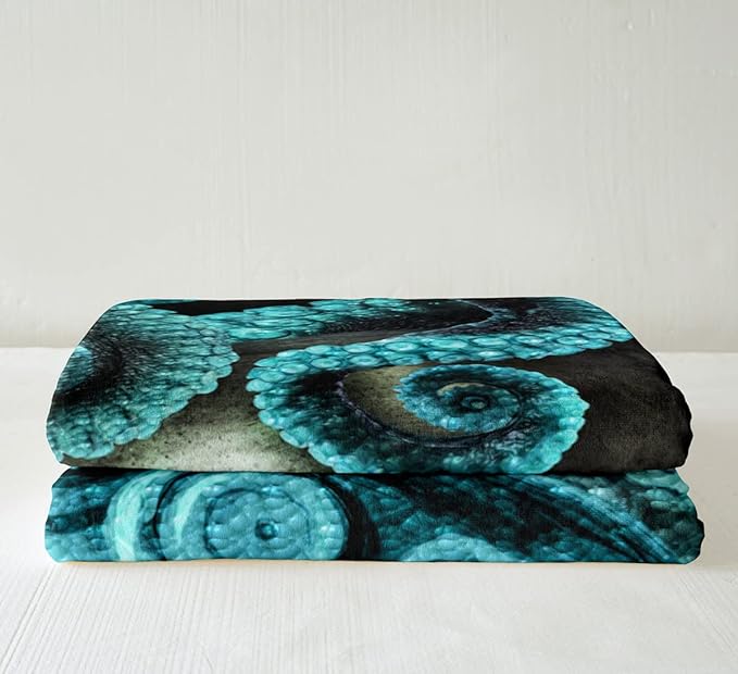 Skull Fleece Throw Blanket Twin 60"x80" for Bed Sofa Couch - 3D Print Octopus Skeleton Sherpa Decorative Horror Ocean Marine Life Plush Blue Soft Fuzzy