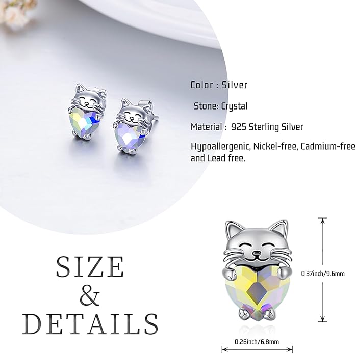 925 Sterling Silver Cat Earrings Cute Animal Kitten Stud Earrings cat Jewelry Gifts for Women Girls Hypoallergenic Earrings for Sensitive Ears