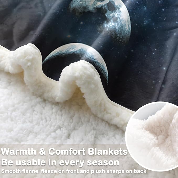 Sleepwish Lunar Eclipse Fleece Throw Blanket for Couch Chair Fuzzy Dark Blue Moon Phases Print Plush Sherpa Blanket for Kids, King(108"x90")