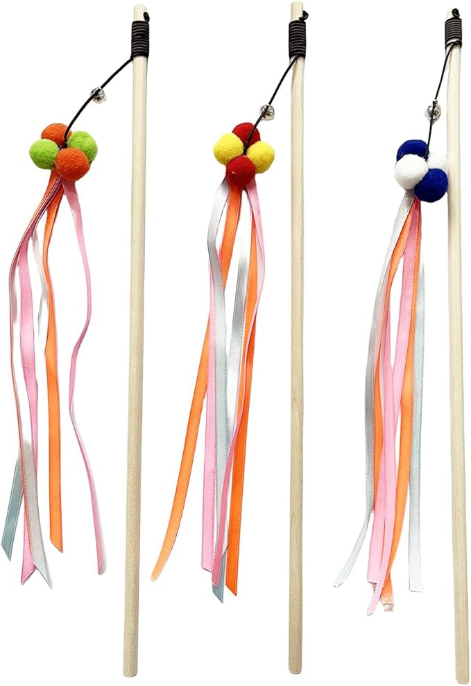 IUHKBH Cat Wand Toys, 3 PCS Interactive Cat Toys Wooden Handle Cat Teaser Toys with Bell, Ribbon and Pom Poms Sturdy Cat Sticks