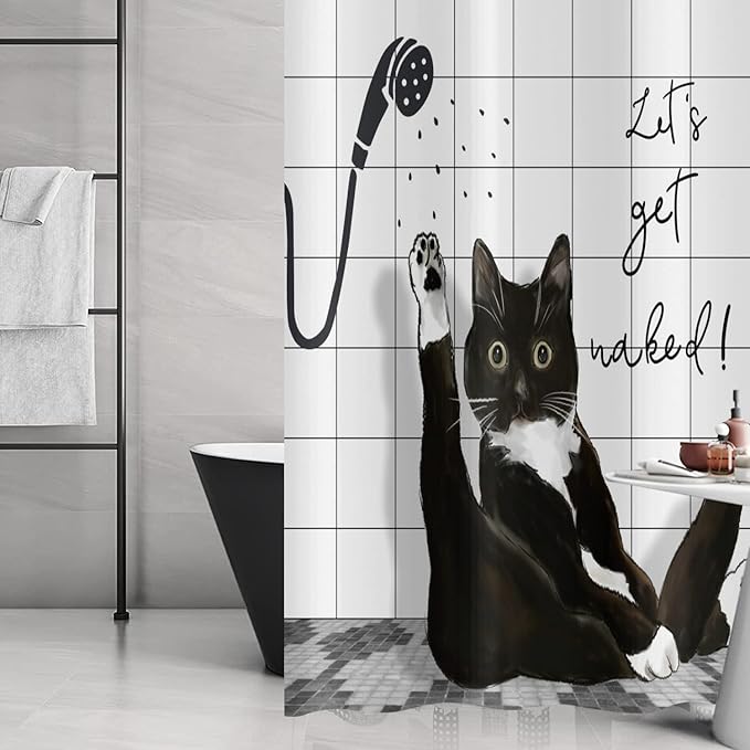 Black Cat Shower Curtain, Funny Kitty Animal Get Naked Plaid Machine Washable Waterproof Durable Fabric for Bathroom Decor Bathtub with 12 Hooks 72x72