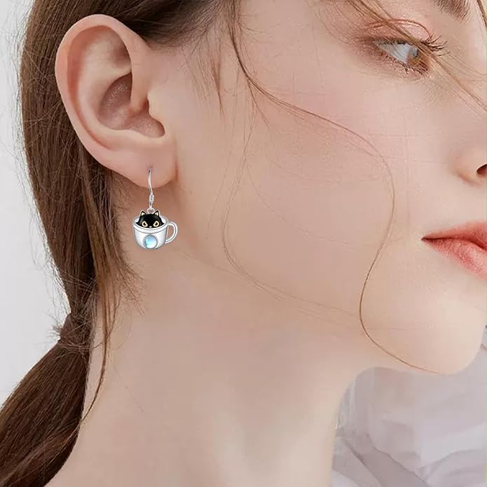 Black Cat Earrings 925 Sterling Silver Mushroom Cat/Black Cat/Panda/Sloth/Capybara/Boston Terrier/Shih Tzu Dangle Earrings Cute Animal Drop Earrings Jewelry Gifts for Women