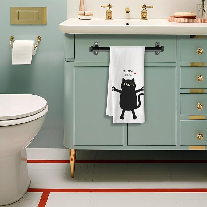Single Decorative Kitchen Towel with Adorable Hugging Kitty and 'Meow, Hug' Text-Quick-Drying Cute Hand Towel for Cooking,Stylish Bathroom Decor-Whimsical Cat Mom Gifts,Crazy Cat Lady Accessories