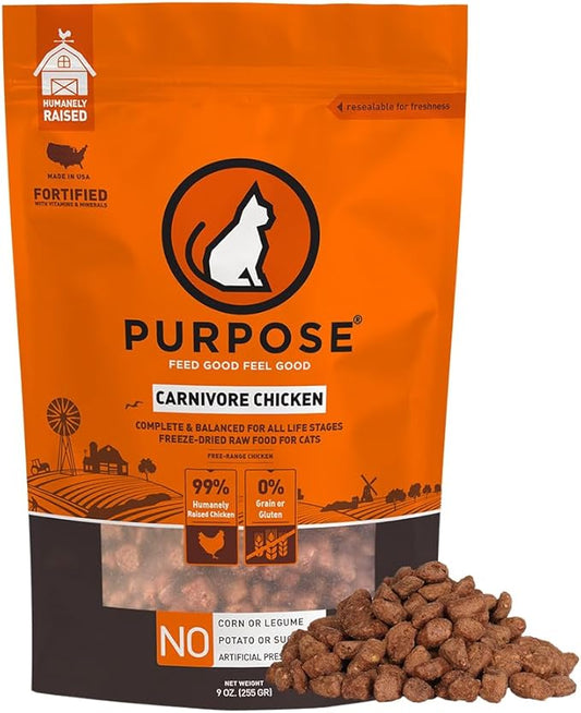PURPOSE Freeze Dried Raw Cat Food, Grain Free Dry Cat Food, Complete Balanced Meal or Topper, Protein Rich Cat Food for All Breeds and Life Stages, Pure Chicken Recipe Mini Nibs Entrée, 9 oz, USA Made