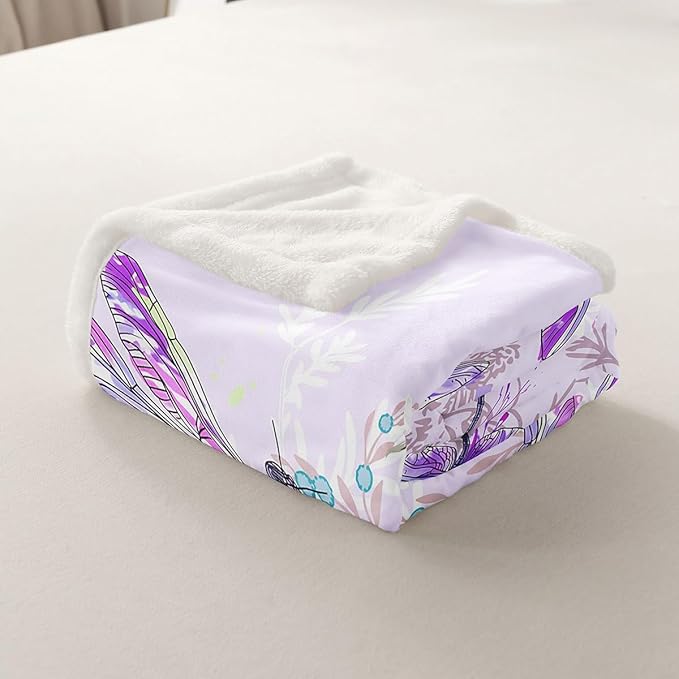 Feelyou Dragonfly Sherpa Blanket Throw 50x60 Inches Botanical Floral Fleece Throw Blanket for Kids Girls Teens Women Bedroom Decor Nature Animals Branches for Sofa Bed Couch Purple