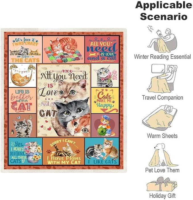 Cat Blanket - Cat Lover Gifts for Women & Girls, Kitten Blanket Throw for Bedroom, Sofa, Couch - 50x60 inches