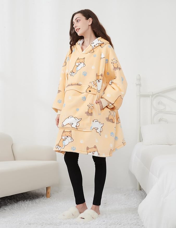 KFUBUO Wearable Blanket Hoodie for Adults Sherpa All Patterns Dog Oversized Sweatshirt Blanket with Pockets for Mom