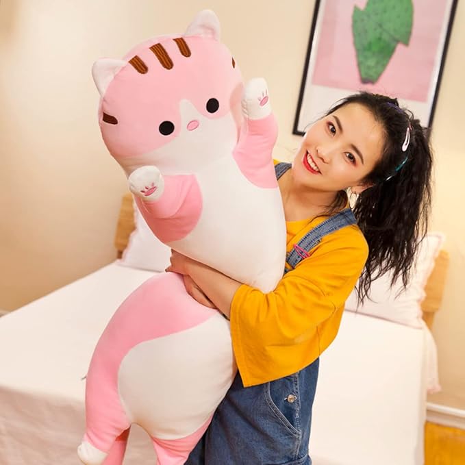 43.32in Giant Cat Pillow Plush Sleeping Pillow Cute Cartoon Cat Stuffed Animals Soft Long Body Pillow Gift for Kids Girlfriend(Pink)