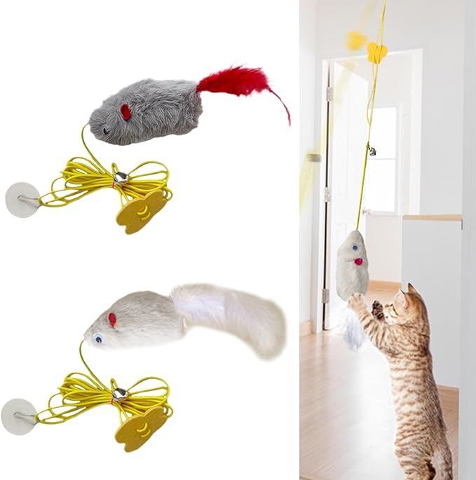 Gray Interactive Cat Toy, Hanging Self-Play Little Mouse Shaped Toys Cat Toy, Built-in Sound, Relieve Boredom, Hanging Squeak Mouse Stretchy Feather Plush Cat Toy with Adhesive Hooks
