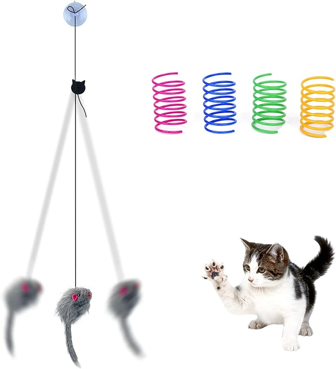 Andiker 5Pcs Interactive Cat Toys for Indoor Cats, Triangular Hook Door Frame Cat Toy with The Adjustable Elastic Rope Cat Mouse Toy and 4pcs Cats Springs Self-Playing Cat Catching Toys (Sucker)
