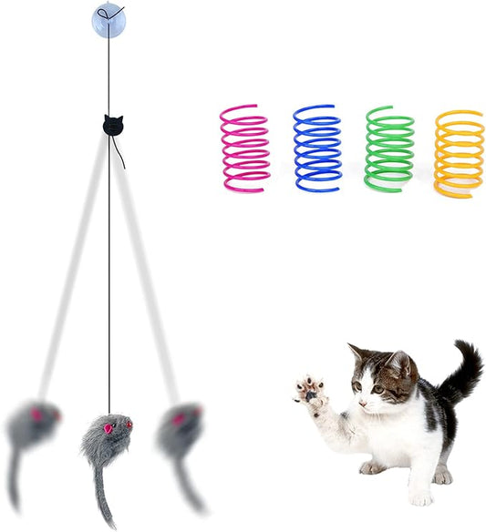 Andiker 5Pcs Interactive Cat Toys for Indoor Cats, Triangular Hook Door Frame Cat Toy with The Adjustable Elastic Rope Cat Mouse Toy and 4pcs Cats Springs Self-Playing Cat Catching Toys (Sucker)