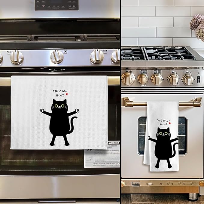 Single Decorative Kitchen Towel with Adorable Hugging Kitty and 'Meow, Hug' Text-Quick-Drying Cute Hand Towel for Cooking,Stylish Bathroom Decor-Whimsical Cat Mom Gifts,Crazy Cat Lady Accessories