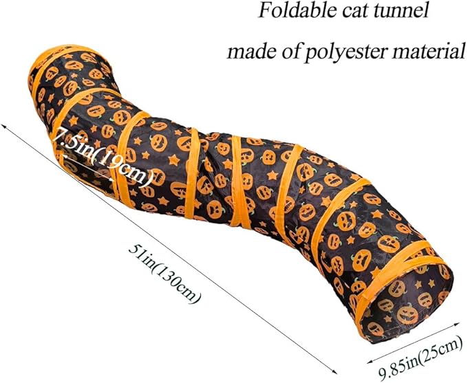 Halloween Pumpkin Printed Cat Tunnel, Polyester, Waterproof, Washable, Foldable，9.85 in Diameter, 51 in Length