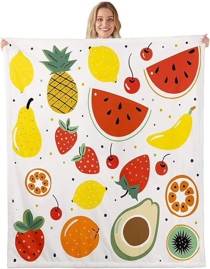 Tropical Fruit Print Fleece Throw Blanket Lemon Pineapple Watermelon Sherpa Blanket for Sofa Couch Bed Summer Vacation Style Plush Blanket Fresh Vibrant Fuzzy Blanket Bedroom Decor Twin 60x80 Inch