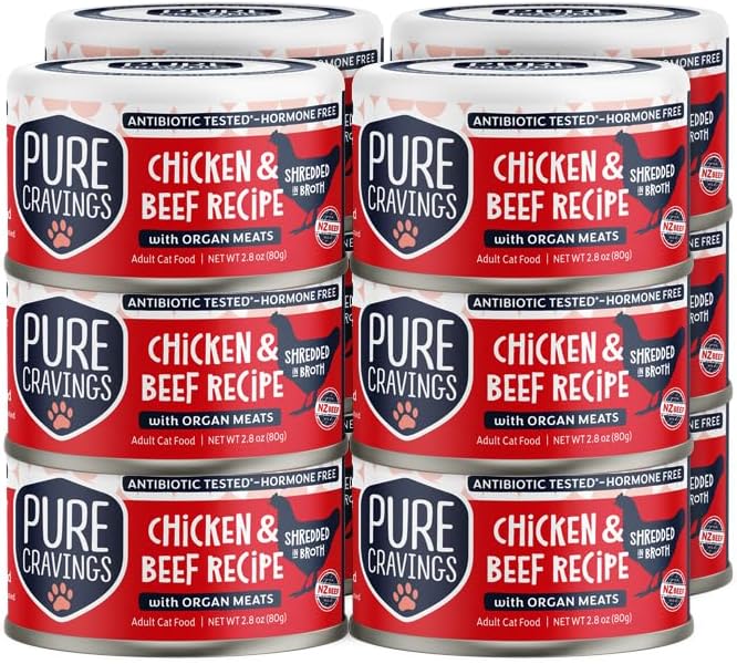 Chicken and Beef Recipe in Broth, Shredded Wet Cat Food, Grain-Free Protein, Non-GMO, 12 Pack