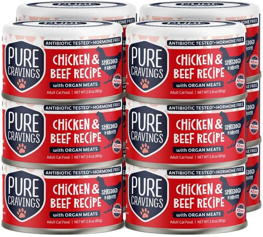 Chicken and Beef Recipe in Broth, Shredded Wet Cat Food, Grain-Free Protein, Non-GMO, 12 Pack